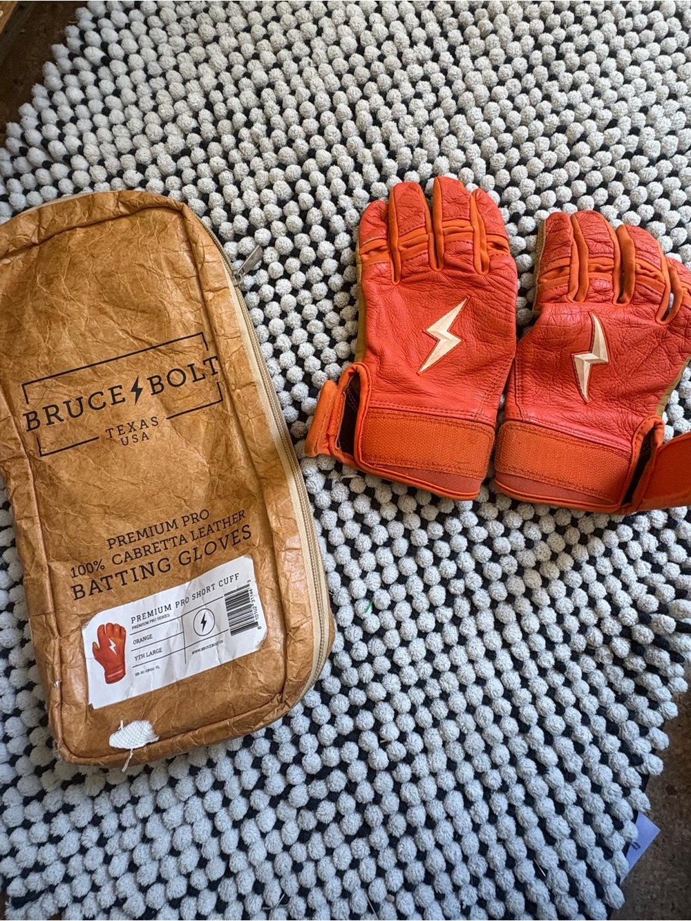 Bruce Bolt Kids Orange Leather Mittens with Lightning Logo
